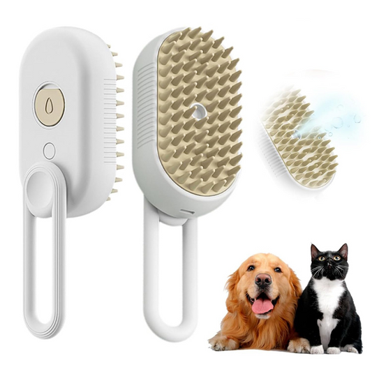 Pet grooming brush with close-up details and two pets on a white background