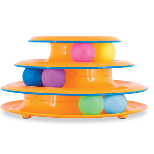 Colorful pet toy with multiple levels and balls on a white background