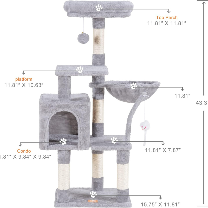 Gray cat tree with dimensions labeled on a white background
