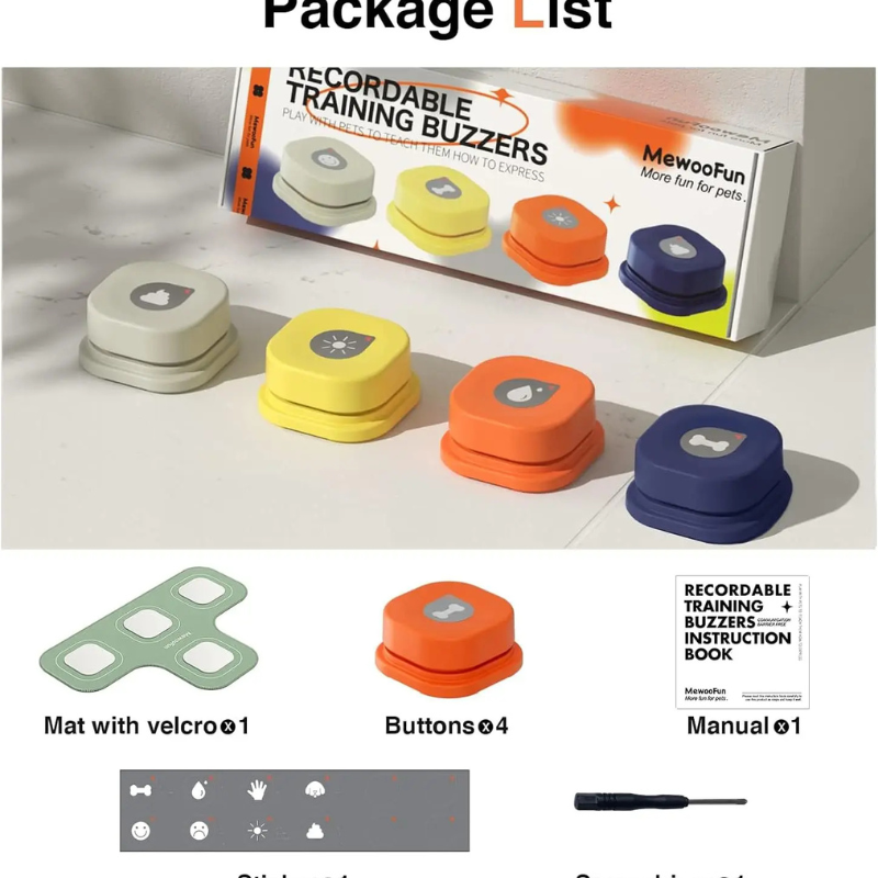 Recordable training buzzers with packaging and accessories on a light surface