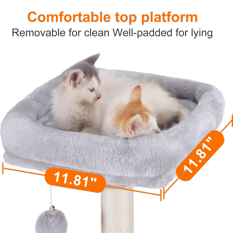 Cat tree with a comfortable top platform for cats to lie on, showing dimensions and text about comfort.
