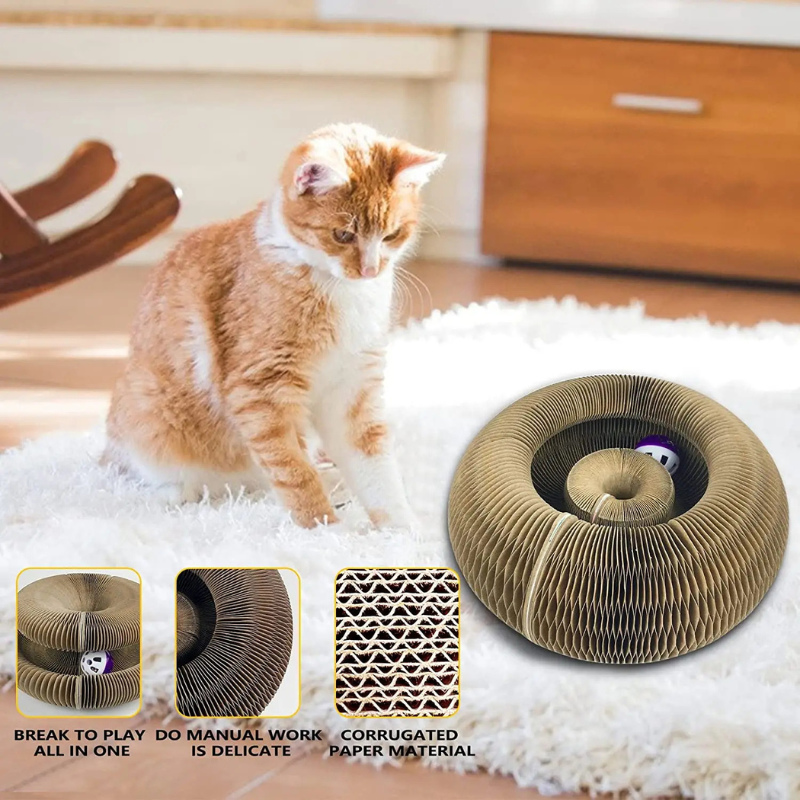 Cat playing with a corrugated cardboard cat toy on a white rug.