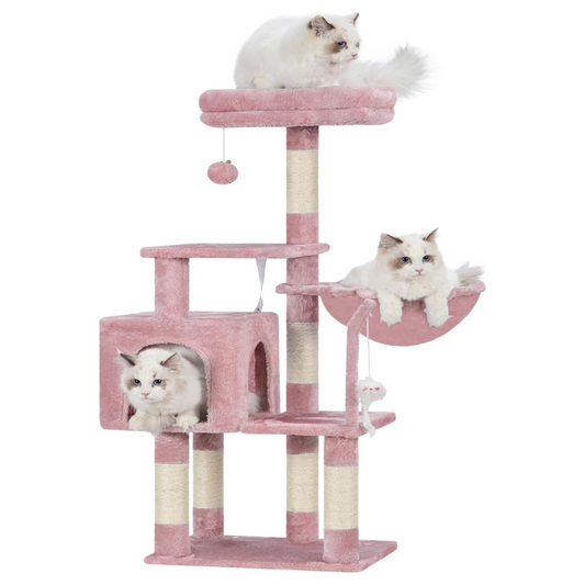 Pink and beige cat tree with three cats on a white background