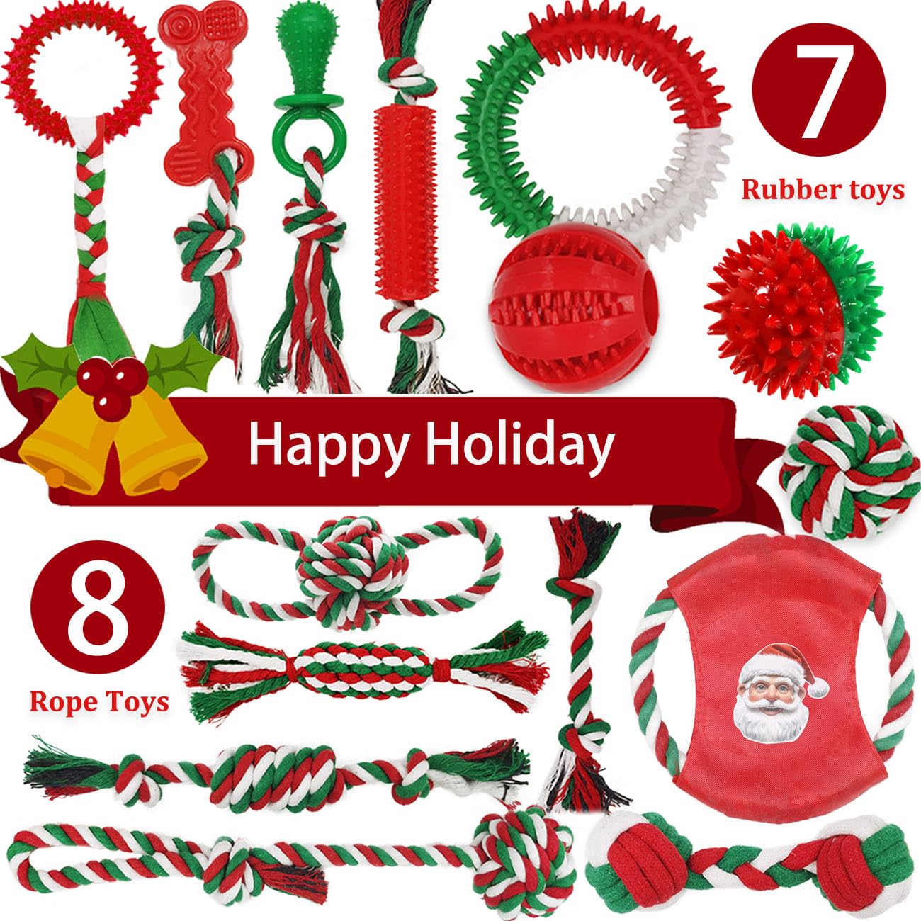 Christmas Dog Toys Bulk 15 Pack – Holiday Puppy Chew & Rope Gift Set