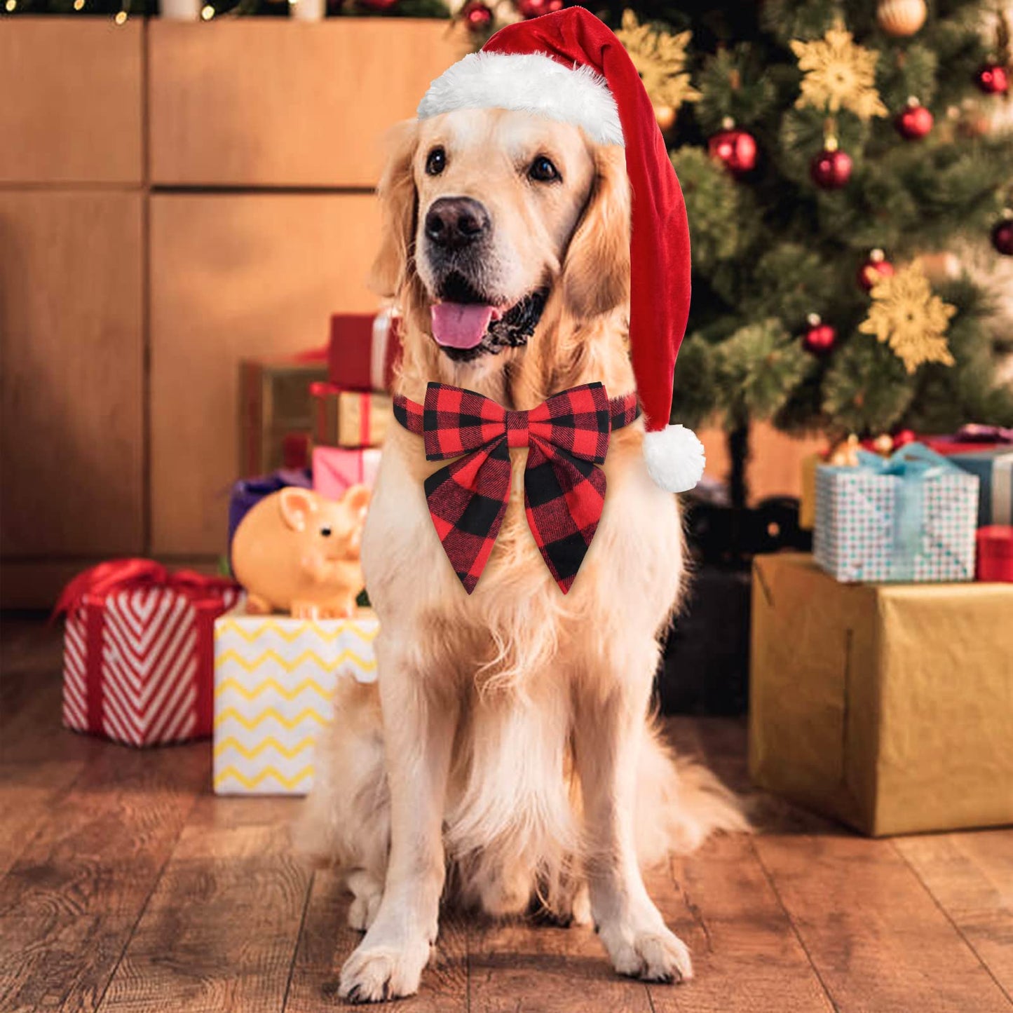 Christmas Dog Collar with Bow Tie – Plaid Adjustable Collar for Pets