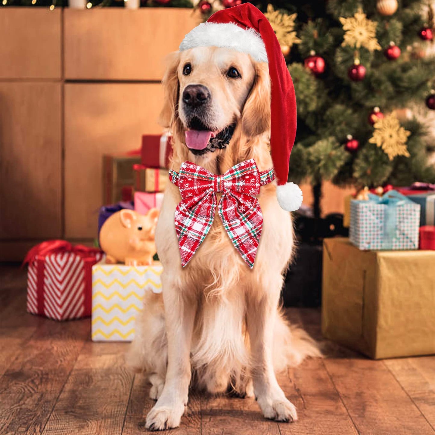 Christmas Dog Collar with Bow Tie – Plaid Adjustable Collar for Pets