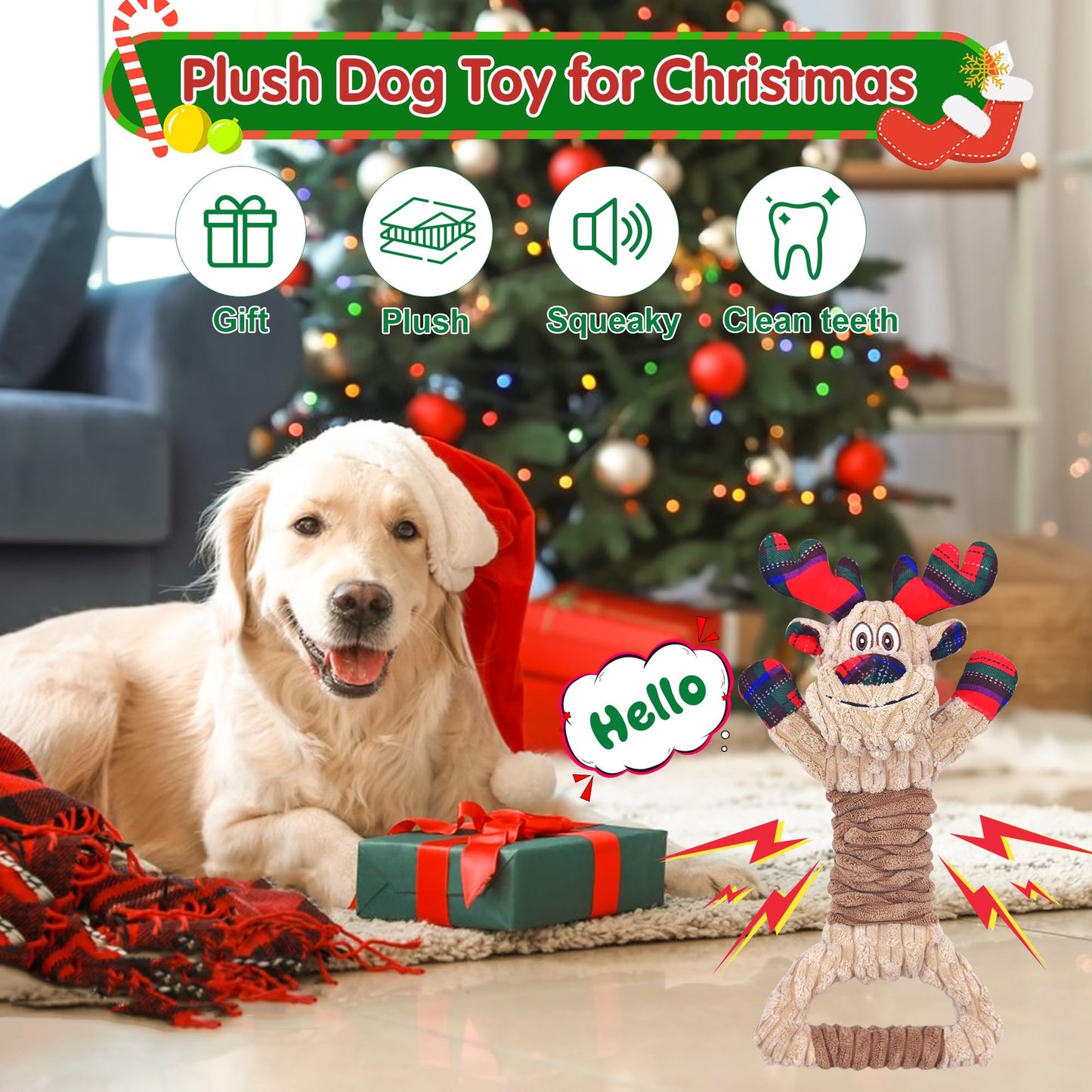 Motsamla Christmas Dog Toy – Plush Squeaky Reindeer with Crinkle Paper