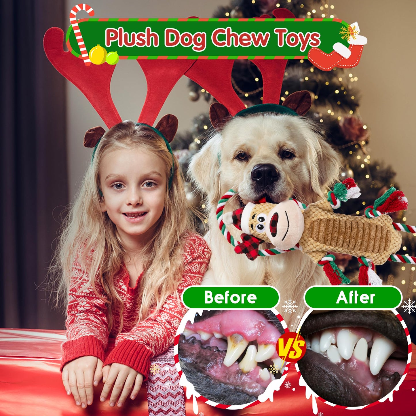 Motsamla Christmas Dog Toy – Plush Squeaky Reindeer with Crinkle Paper