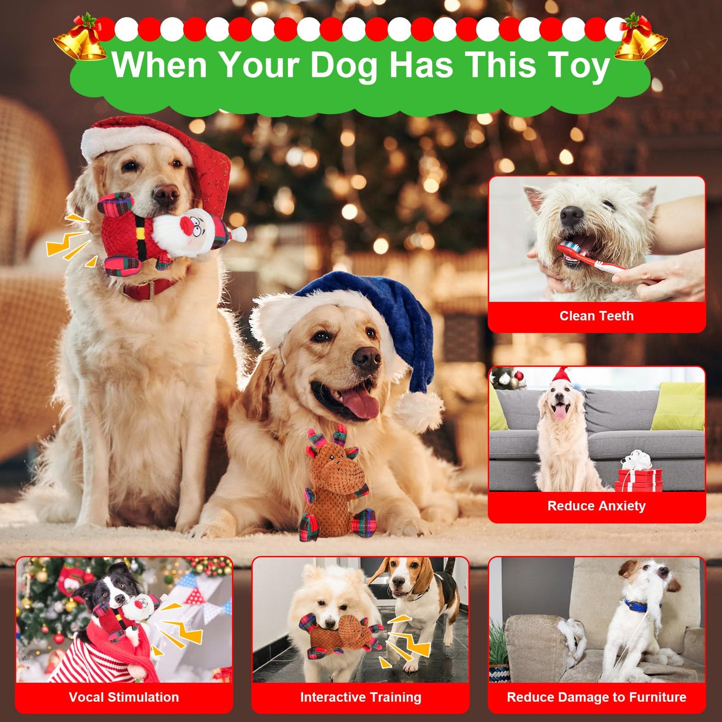 Christmas Dog Toys – 2-Pack Santa & Reindeer Squeaky Plush Set
