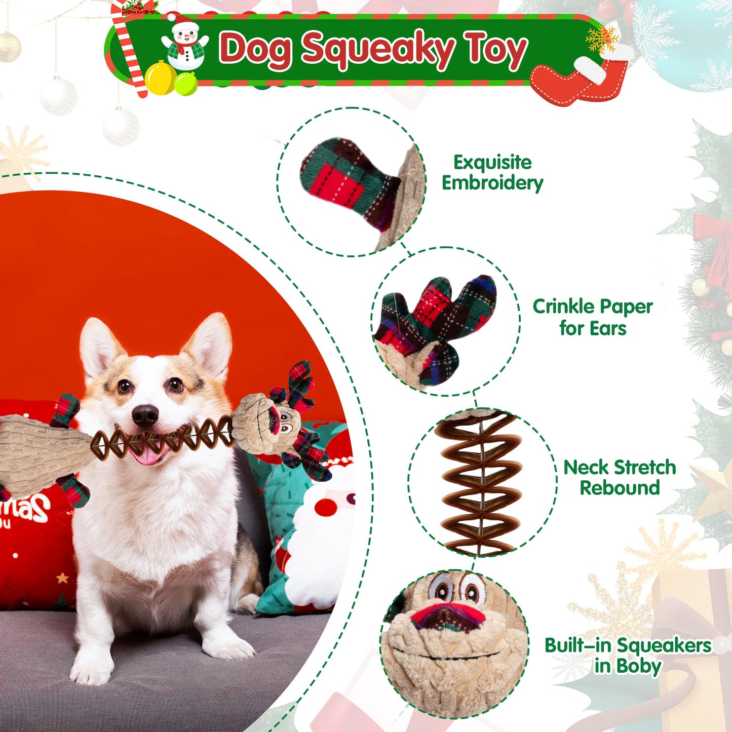 Motsamla Christmas Dog Toy – Plush Squeaky Reindeer with Crinkle Paper