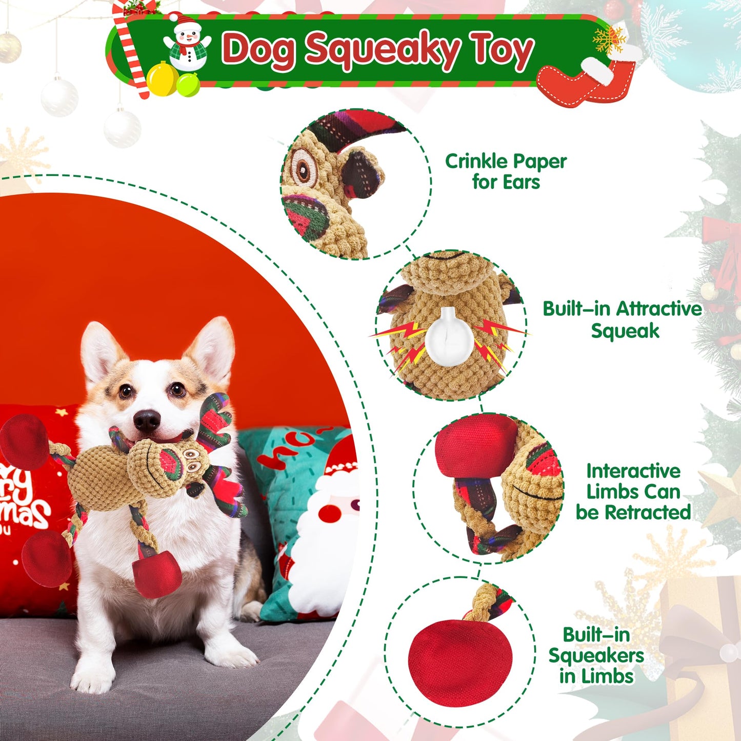 Motsamla Christmas Dog Toy – Plush Squeaky Reindeer with Crinkle Paper