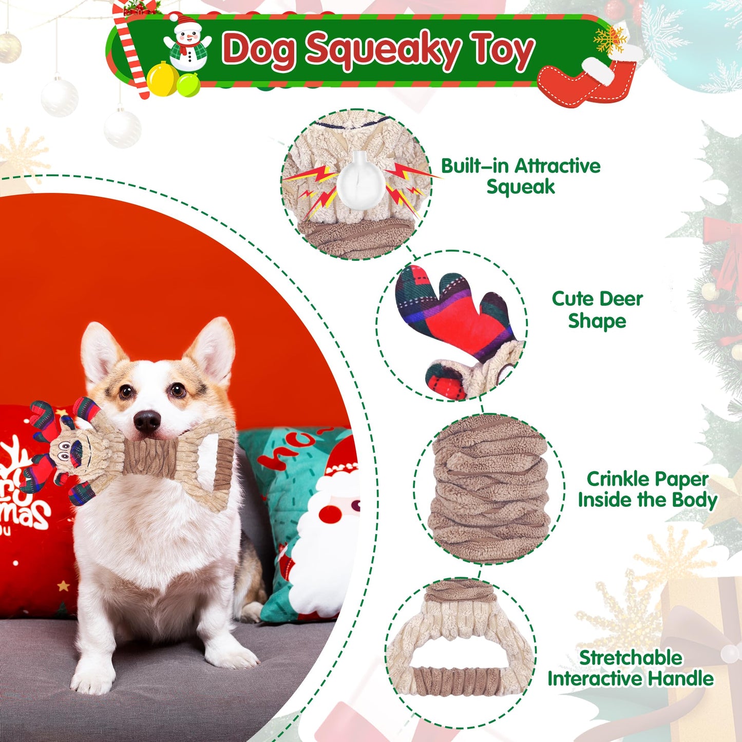 Motsamla Christmas Dog Toy – Plush Squeaky Reindeer with Crinkle Paper