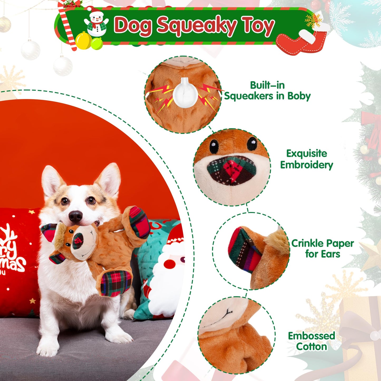 Motsamla Christmas Dog Toy – Plush Squeaky Reindeer with Crinkle Paper