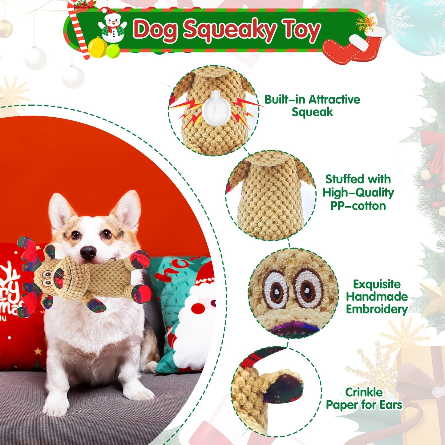 Motsamla Christmas Dog Toy – Plush Squeaky Reindeer with Crinkle Paper