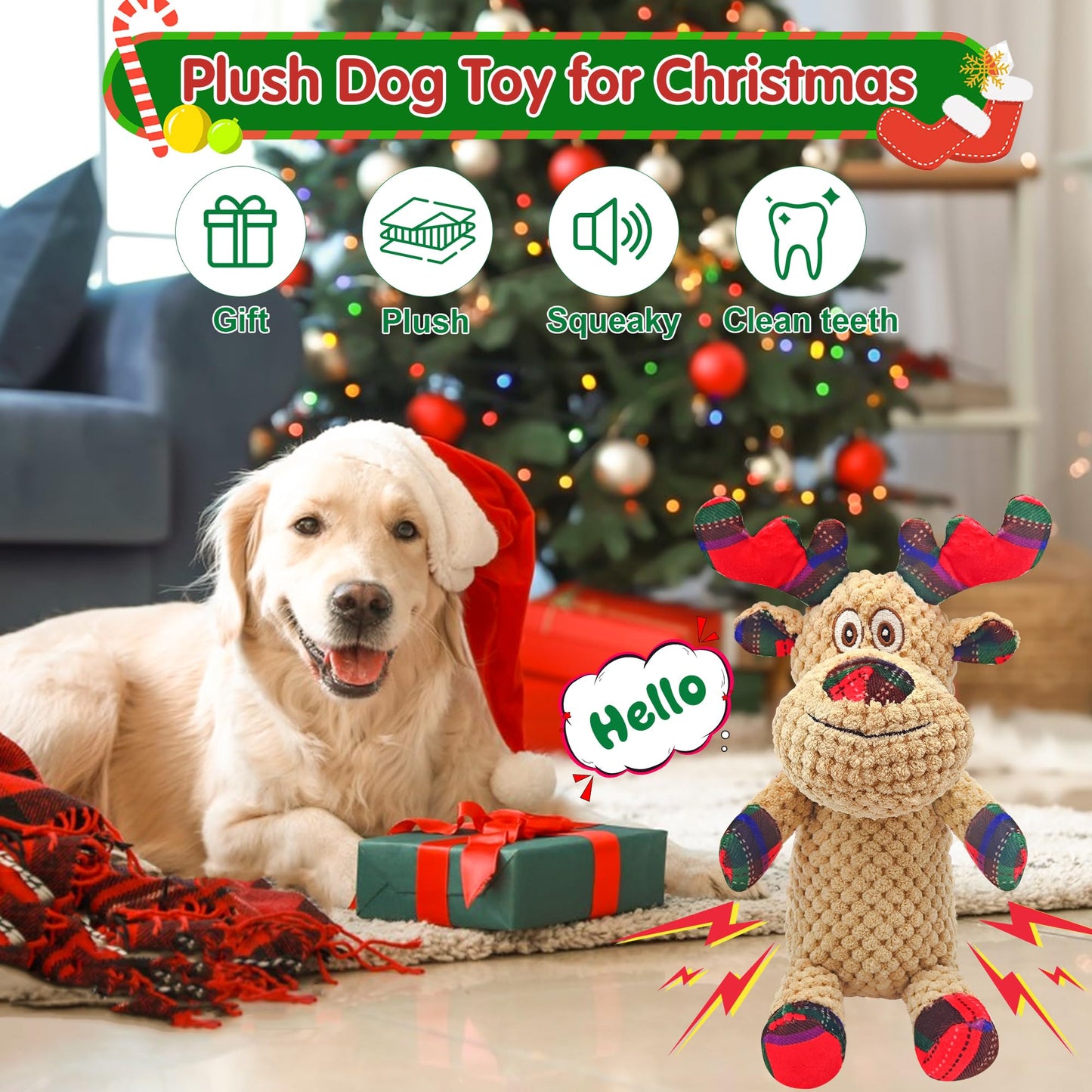 Motsamla Christmas Dog Toy – Plush Squeaky Reindeer with Crinkle Paper