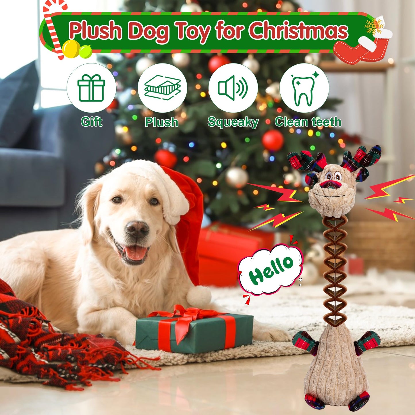 Motsamla Christmas Dog Toy – Plush Squeaky Reindeer with Crinkle Paper