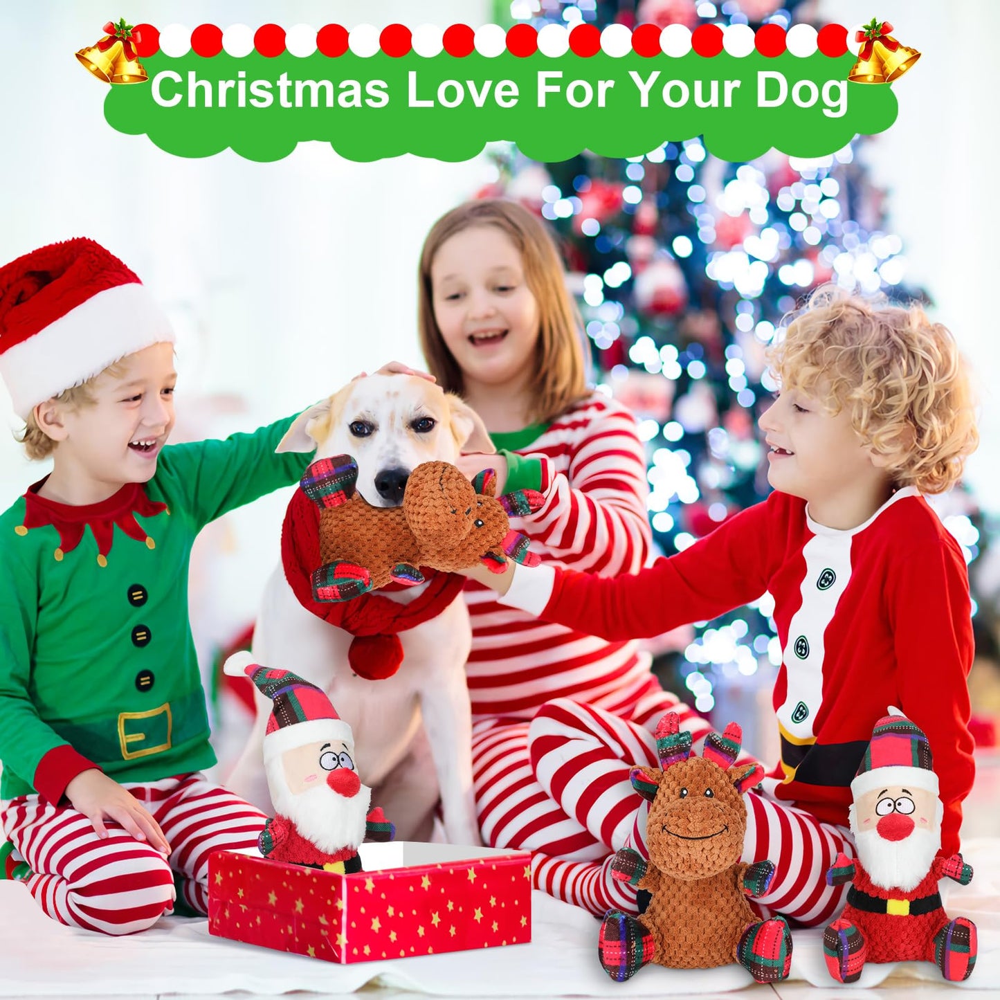 Christmas Dog Toys – 2-Pack Santa & Reindeer Squeaky Plush Set