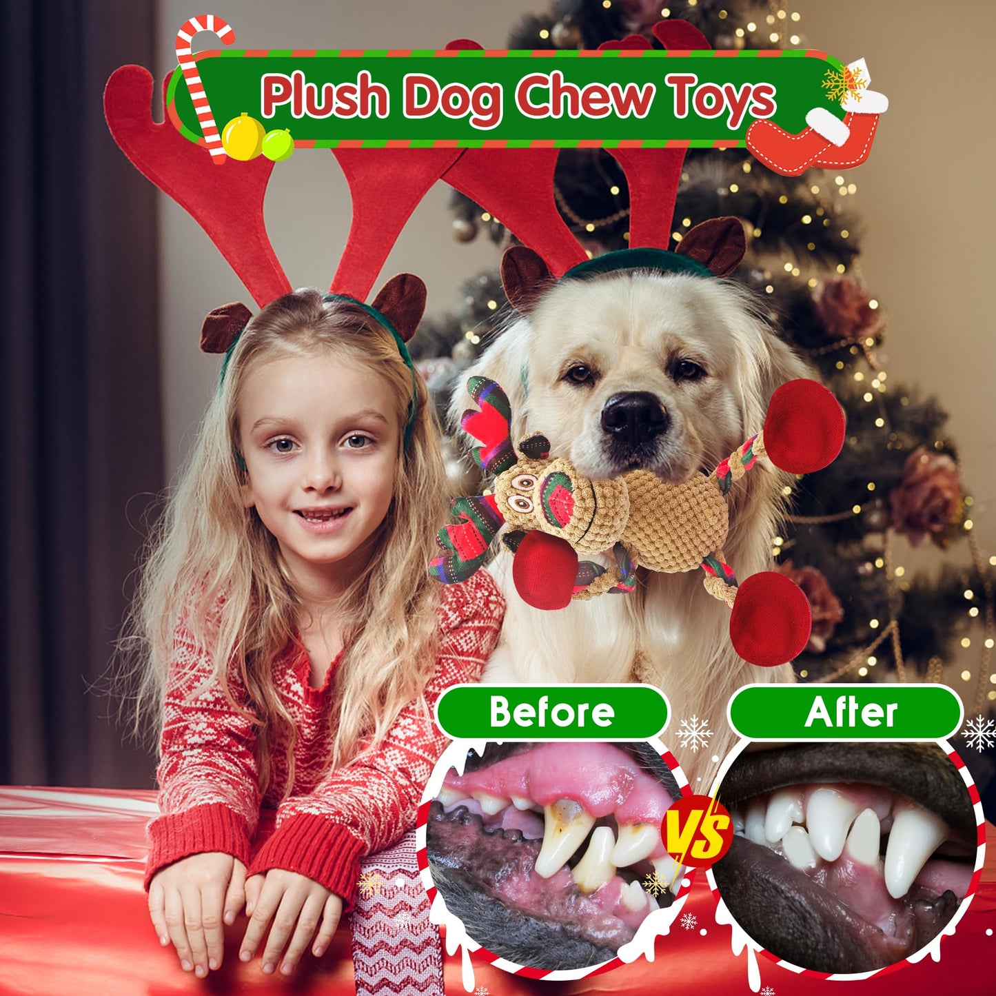 Motsamla Christmas Dog Toy – Plush Squeaky Reindeer with Crinkle Paper