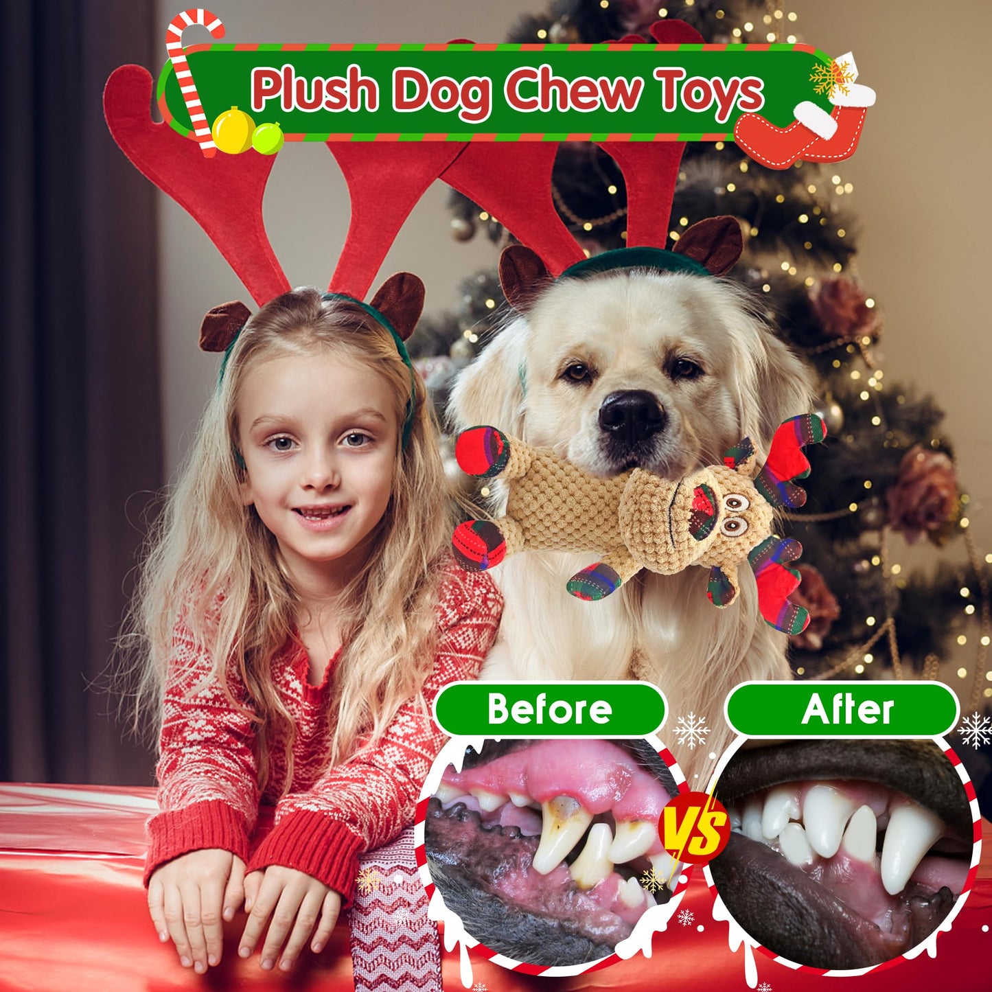 Motsamla Christmas Dog Toy – Plush Squeaky Reindeer with Crinkle Paper