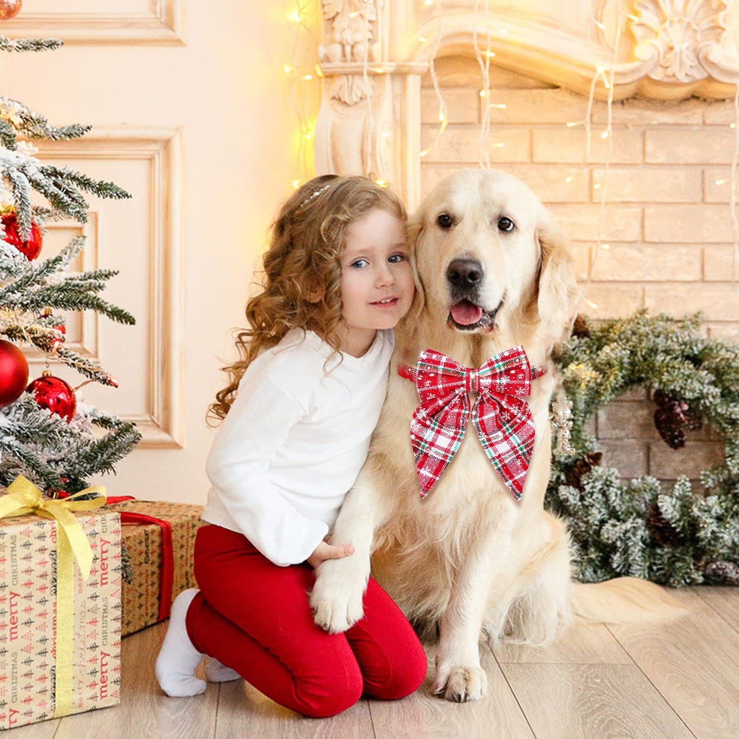 Christmas Dog Collar with Bow Tie – Plaid Adjustable Collar for Pets