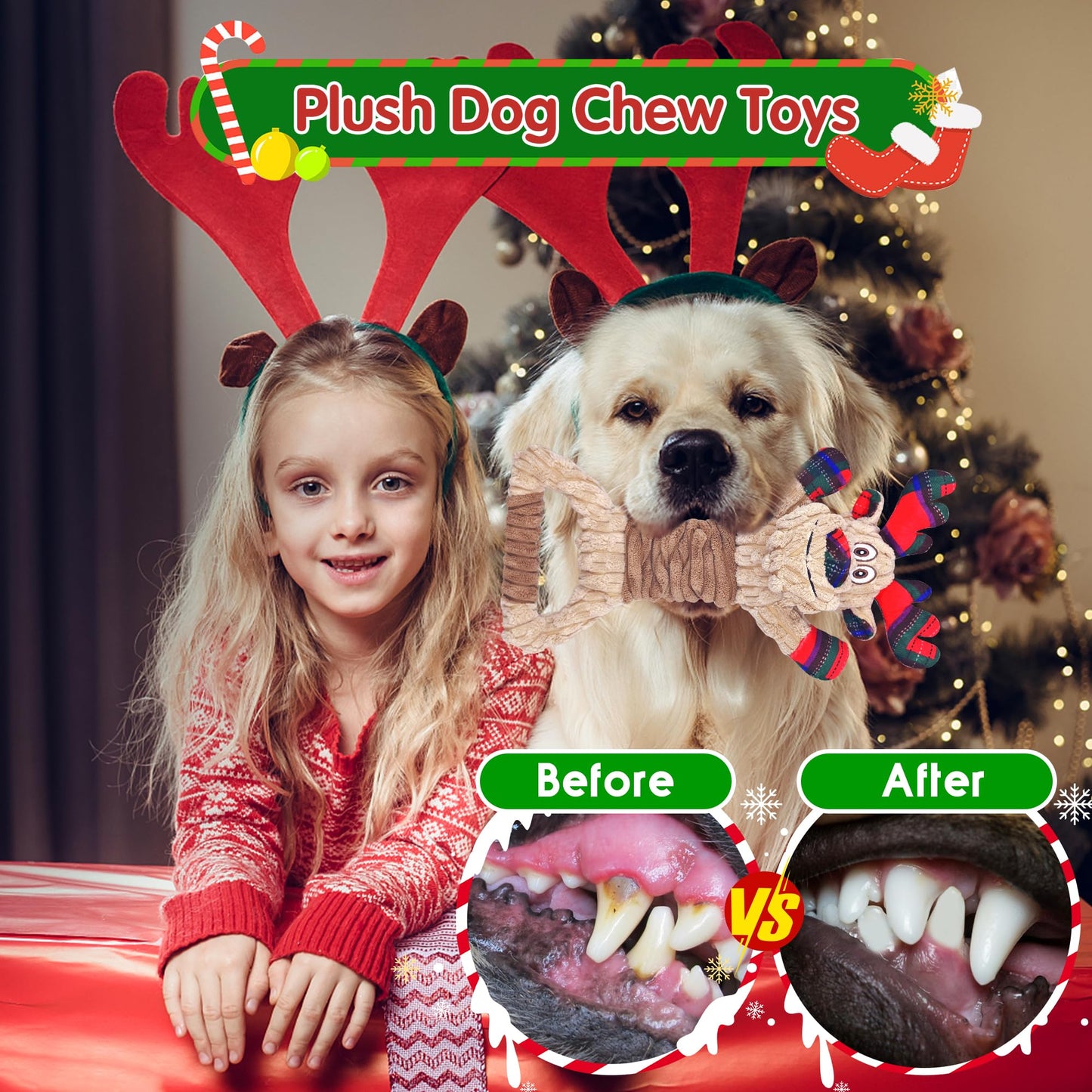 Motsamla Christmas Dog Toy – Plush Squeaky Reindeer with Crinkle Paper