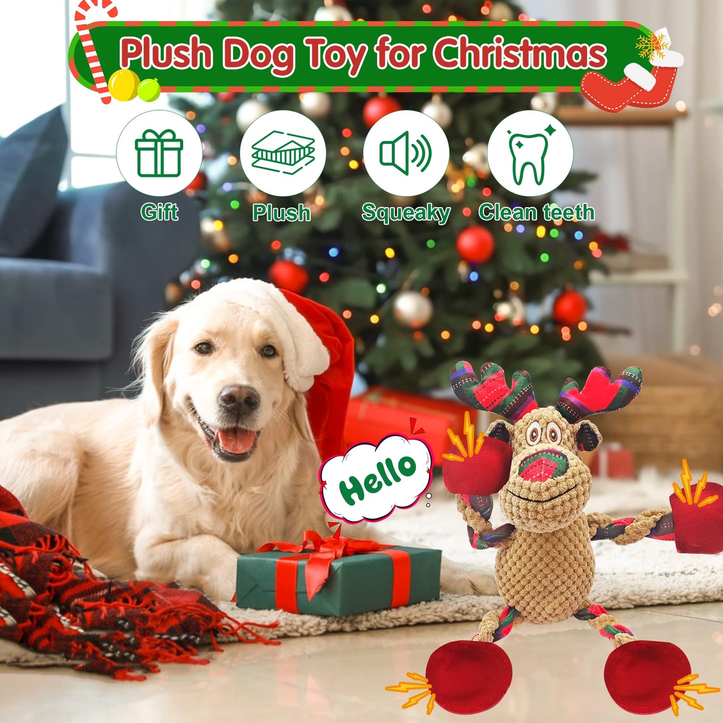 Motsamla Christmas Dog Toy – Plush Squeaky Reindeer with Crinkle Paper
