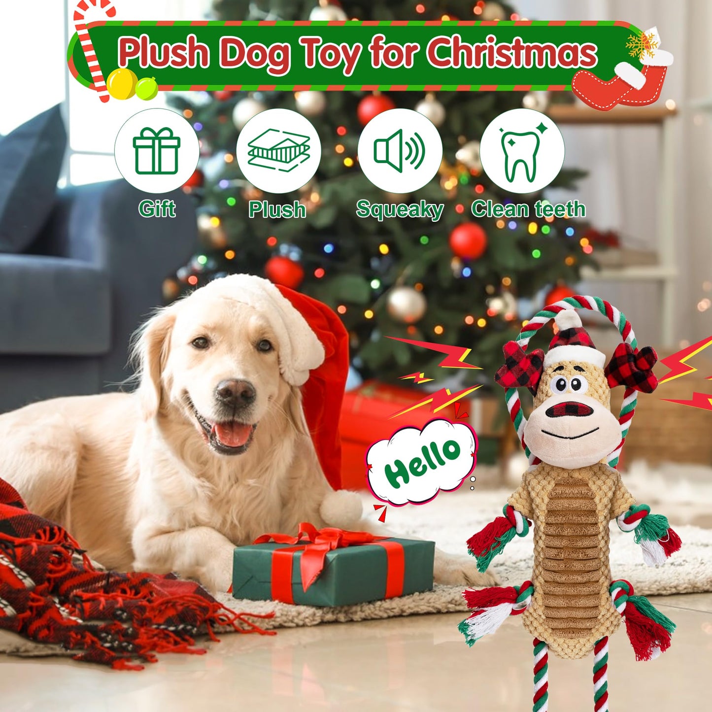 Motsamla Christmas Dog Toy – Plush Squeaky Reindeer with Crinkle Paper