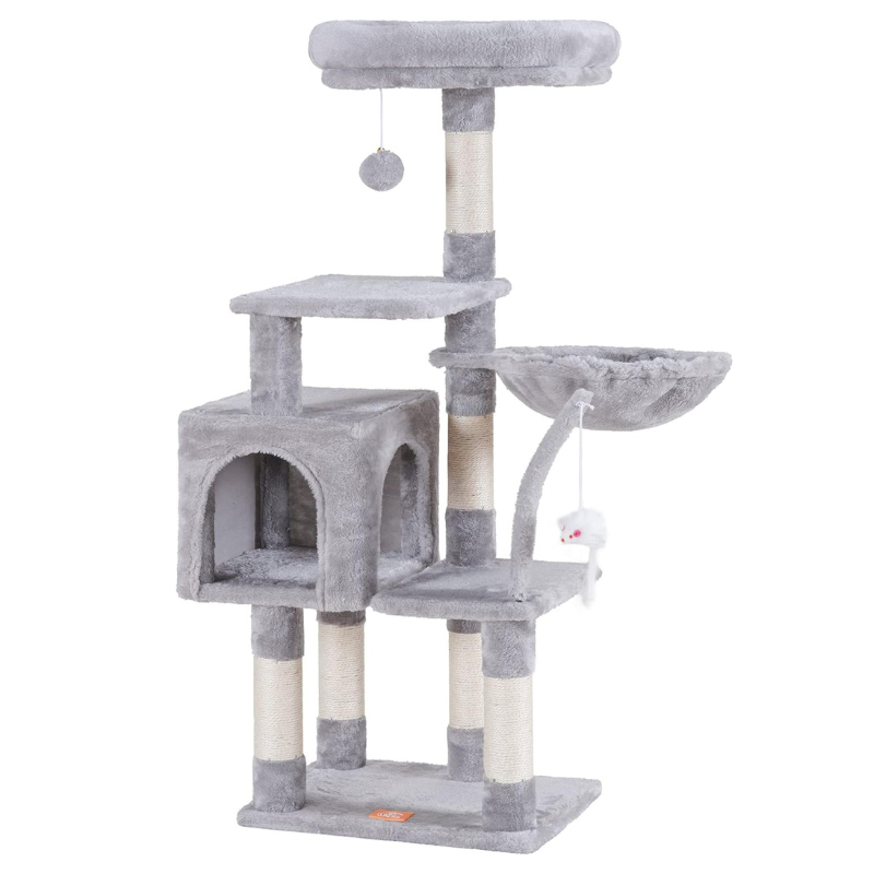 Gray cat tree with multiple levels and a hanging ball on a white background