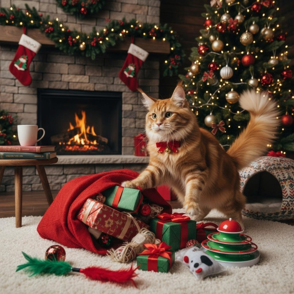 Cat playing with Christmas presents in a festive living room with a fireplace and tree.