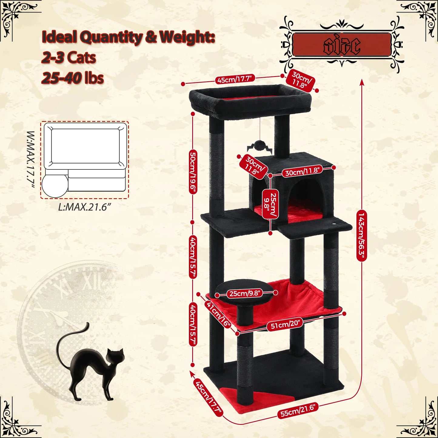 Gothic Cat Tree – Tall Indoor Cat Tower with Hammock & Scratching Post