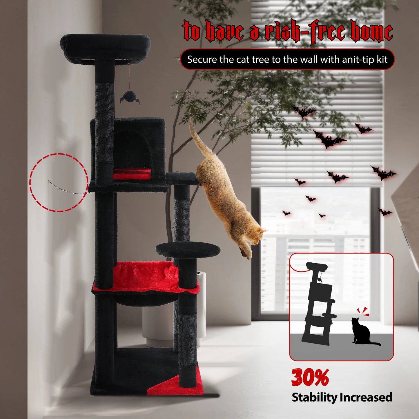 Gothic Cat Tree – Tall Indoor Cat Tower with Hammock & Scratching Post