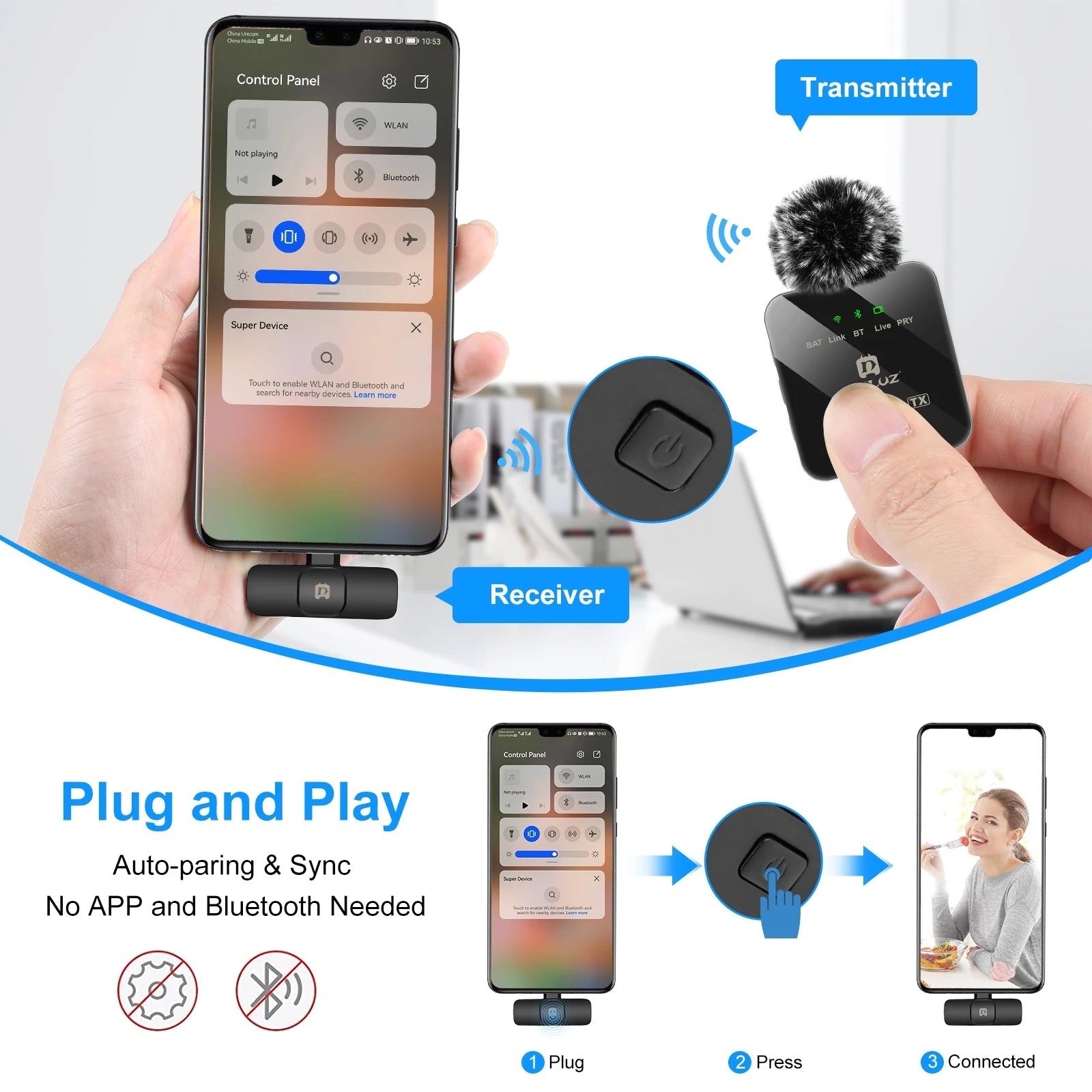 PULUZ Wireless Lavalier Microphone for iPhone / iPad / Type-C Phone, 8-Pin / Type-C Receiver and Dual Microphones