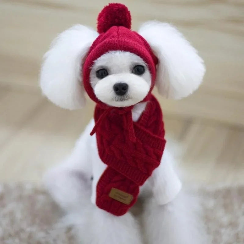 Winter Warm Knitted Dog Hat & Scarf Set – Cozy Striped Puppy Christmas Costume