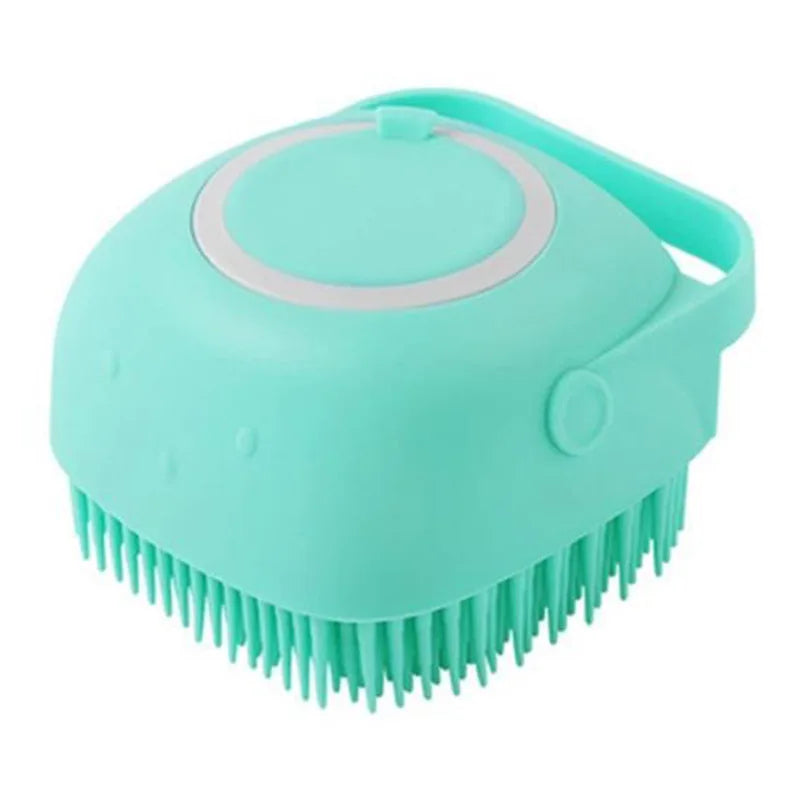Silicone pet massage gloves, shown in use for bath time grooming.