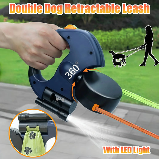 Premium 3M Retractable Double Dog Leash – Reflective 360° Swivel No-Tangle Lead with LED Lights for Small Dogs