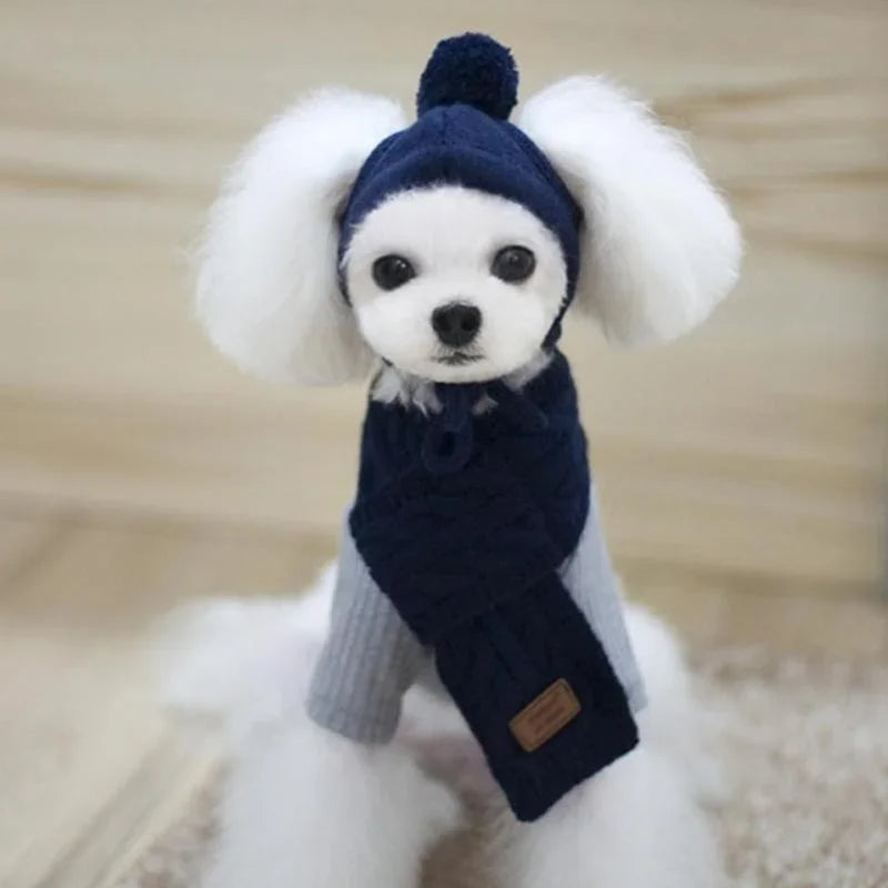 Winter Warm Knitted Dog Hat & Scarf Set – Cozy Striped Puppy Christmas Costume