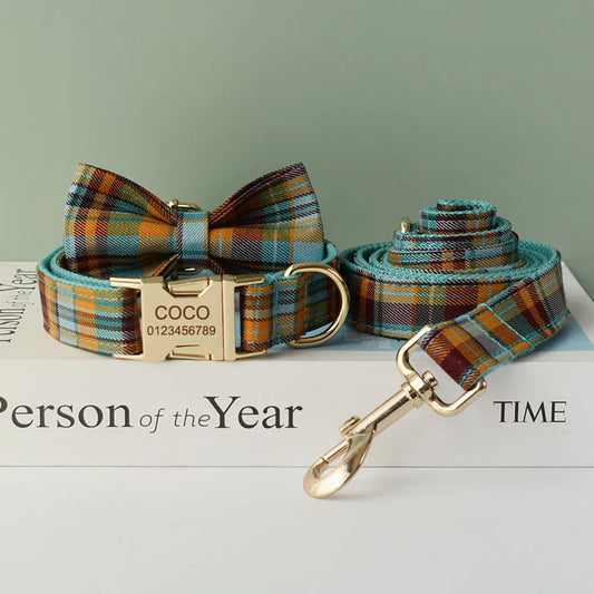 Christmas Grid Dog Collar & Leash Set with Free ID Tag for All Dogs