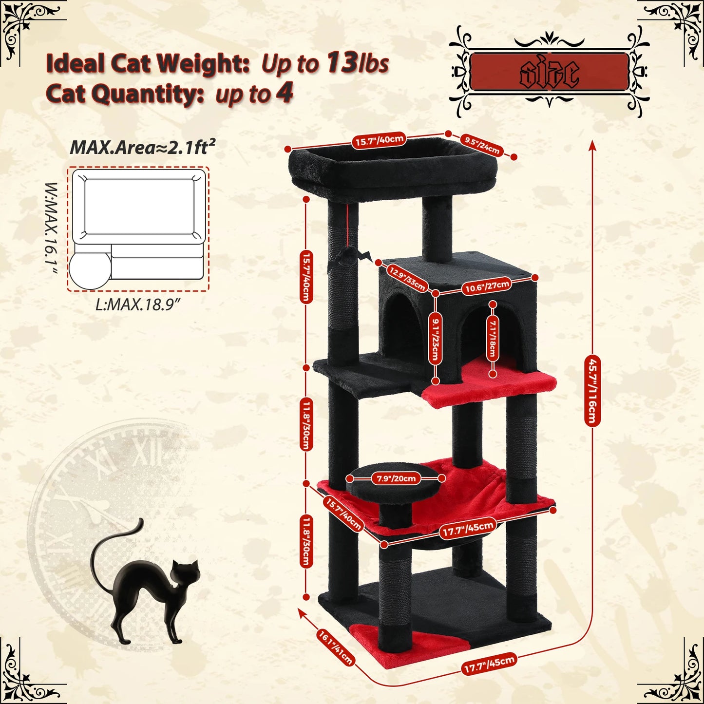 Gothic Cat Tree – Tall Indoor Cat Tower with Hammock & Scratching Post