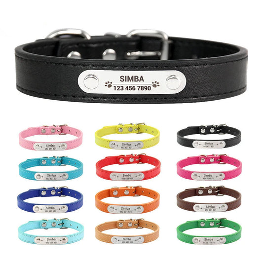 Personalized Dog Collar with Name Engraving – Anti-Lost PU Leather Collar for Dogs and Cats
