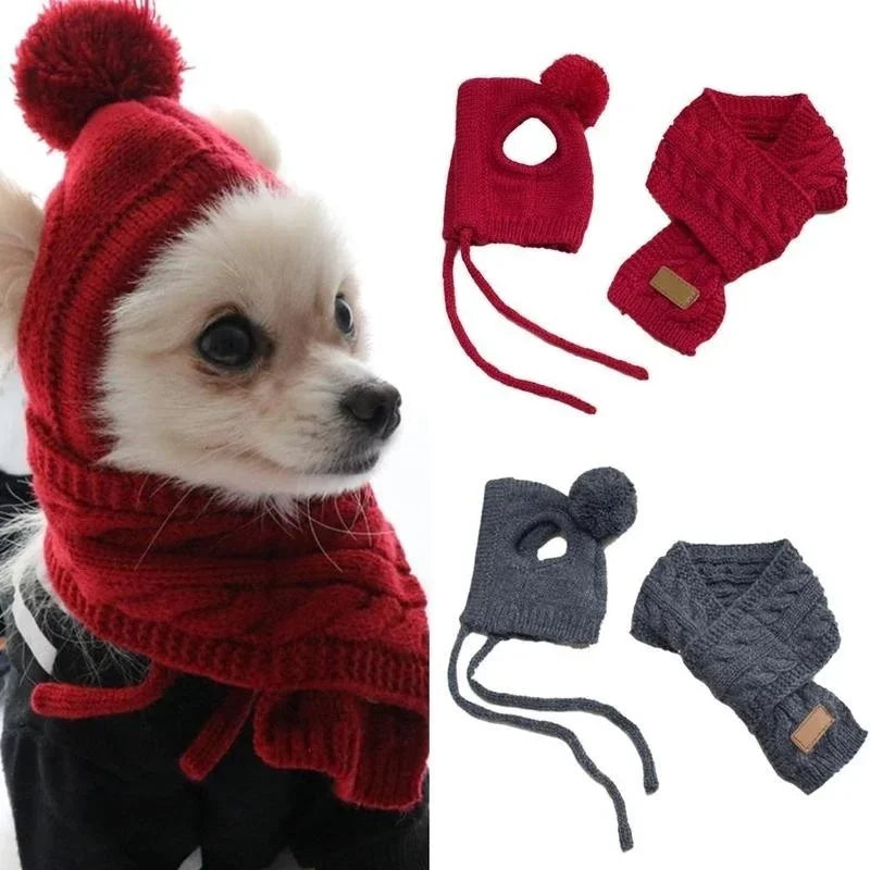 Winter Warm Knitted Dog Hat & Scarf Set – Cozy Striped Puppy Christmas Costume