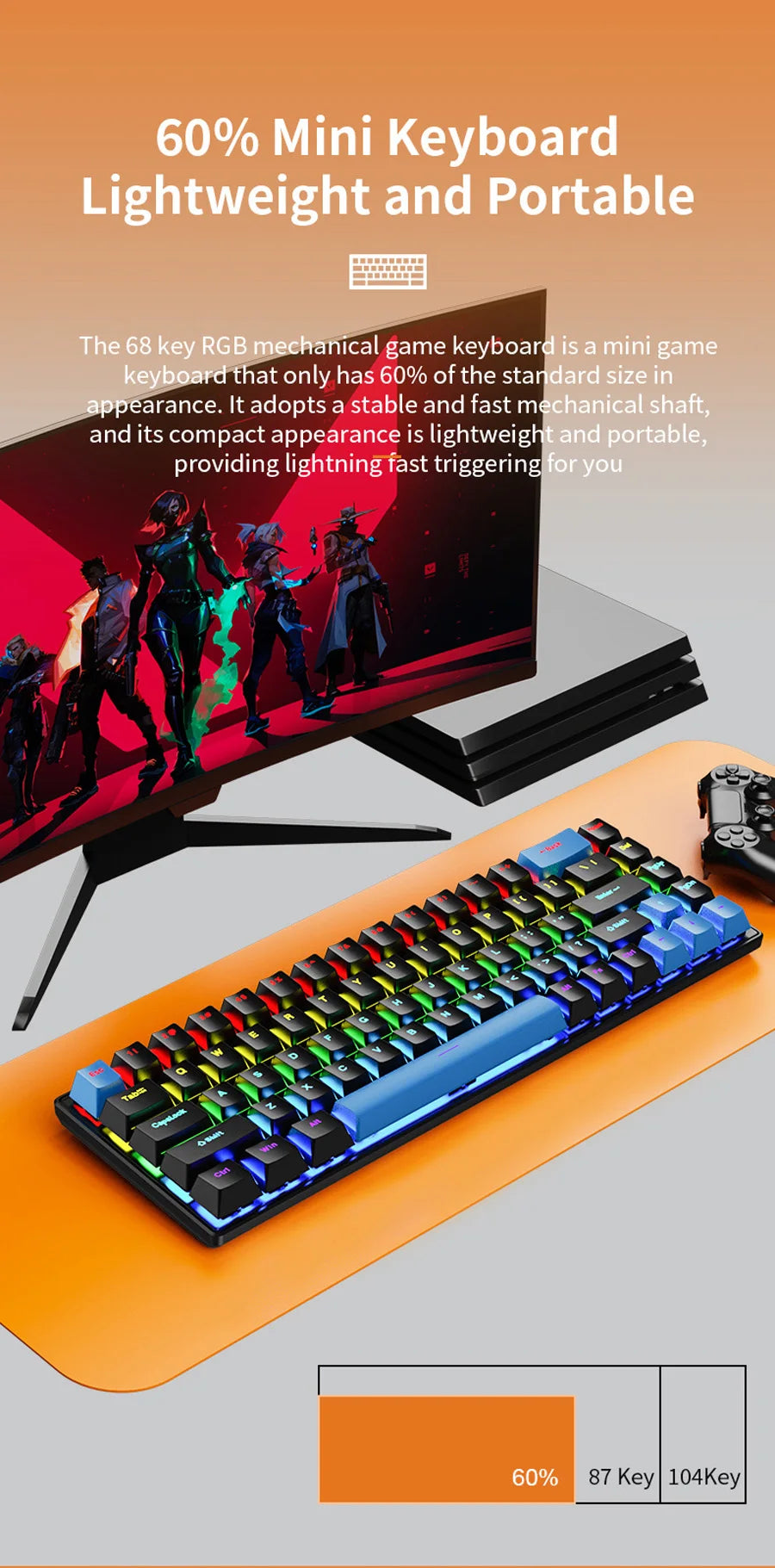 K68 Wired Mechanical Keyboard 10Kinds of Colorful Lighting Gaming and Office For Microsoft Windows and Apple IOS System
