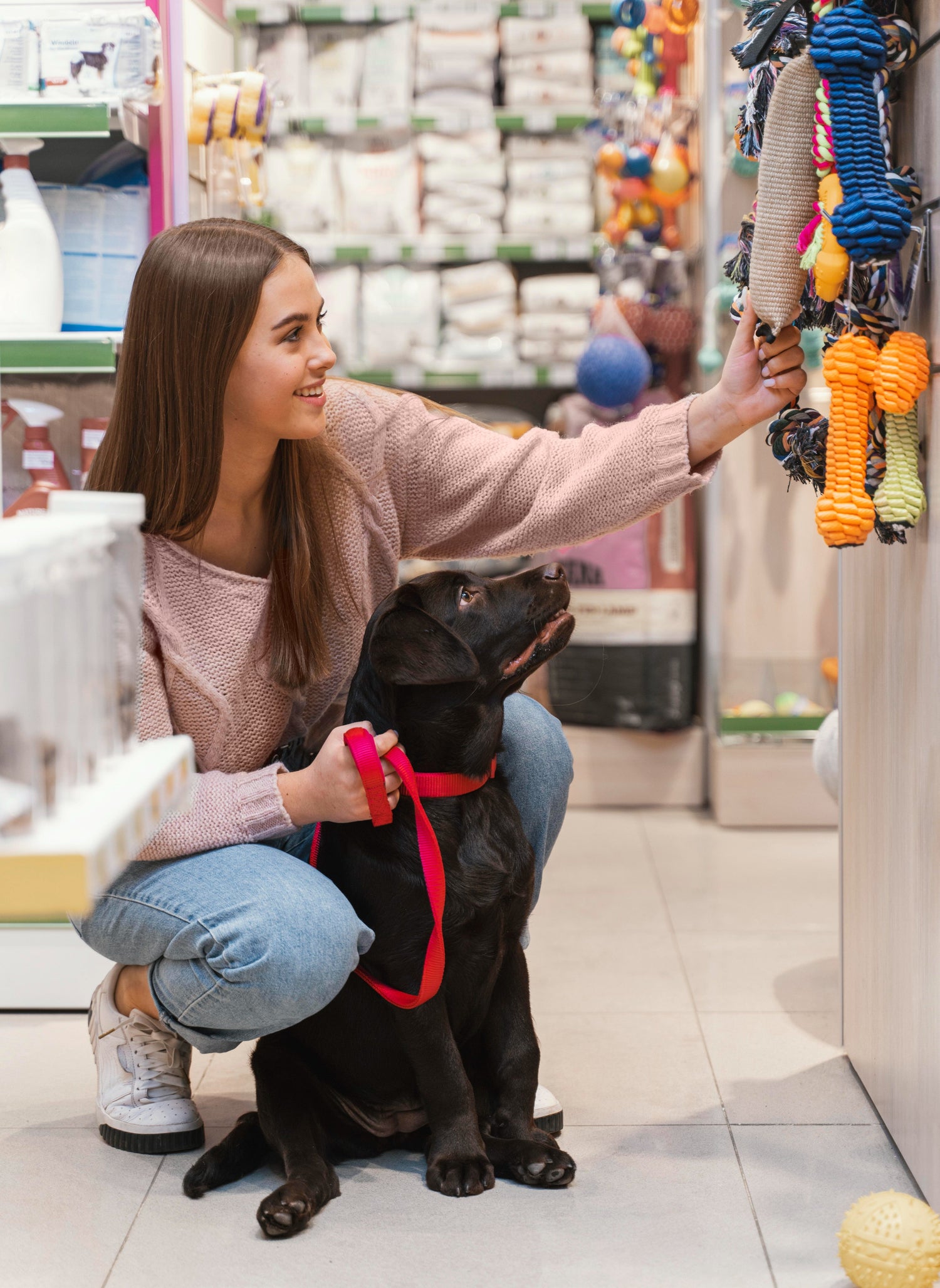 Woman with a black dog in a pet store looking at pet supplies.