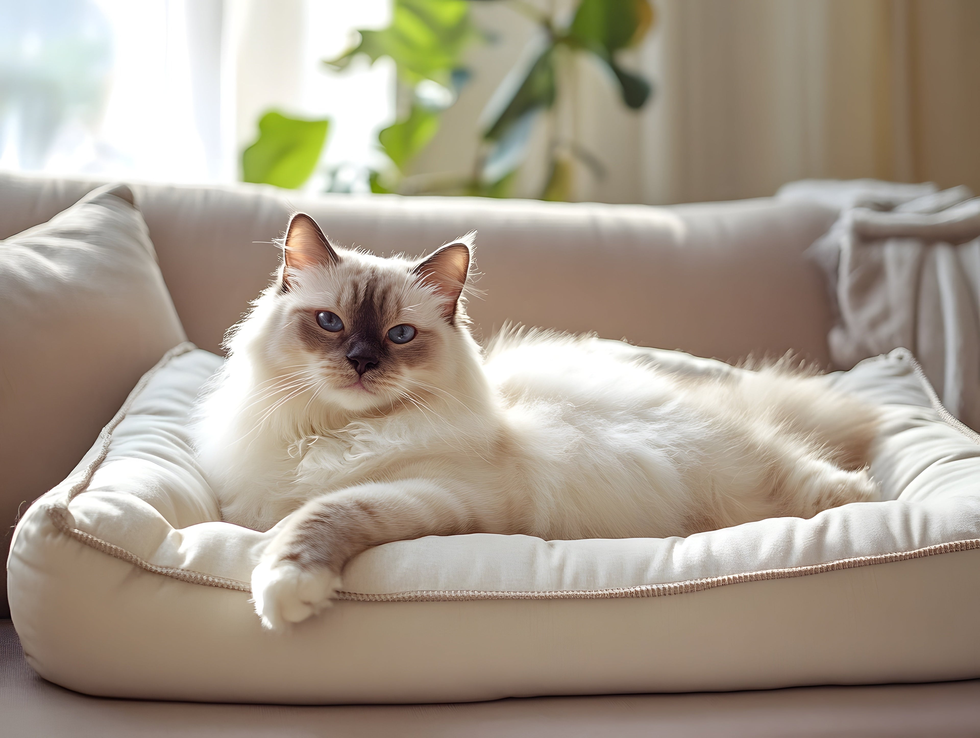 Ragdoll cat relaxing on a heated cat bed for warmth and comfort