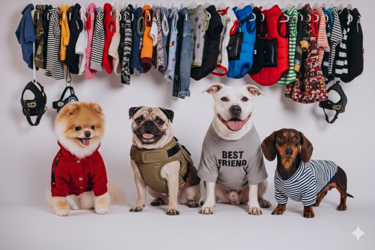 Pitbull, Dachshund, and Pug wearing stylish dog clothes with a background of dog clothes hanging on hangers