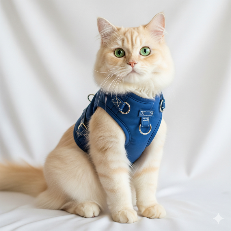 Gray tabby cat wearing an escape-proof adjustable harness for safe outdoor walks.