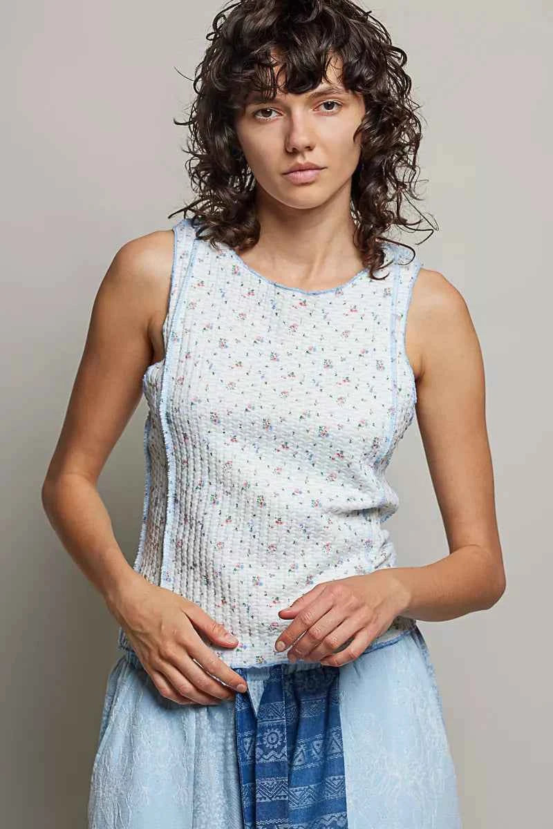 POL Seam detail Floral Round Neck Ribbed Tank