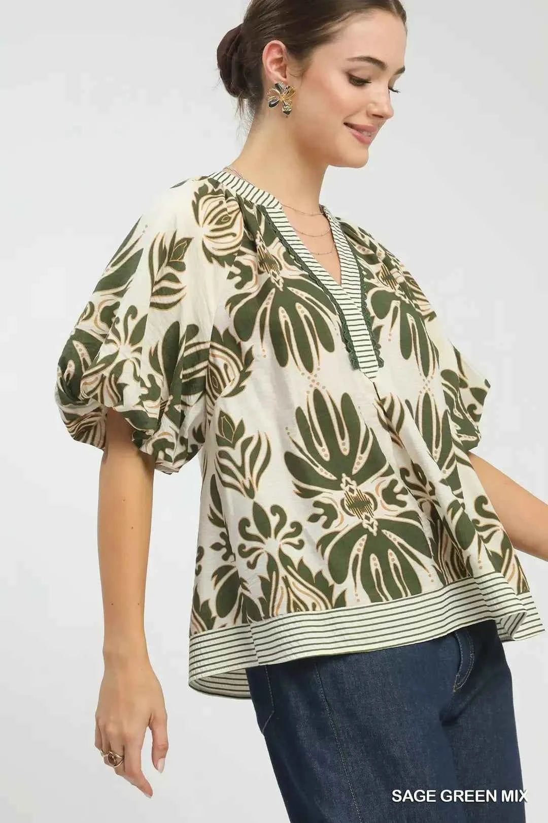 Umgee Mix Printed Puff Sleeve Top with Contrast Trim