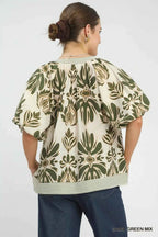 Umgee Mix Printed Puff Sleeve Top with Contrast Trim