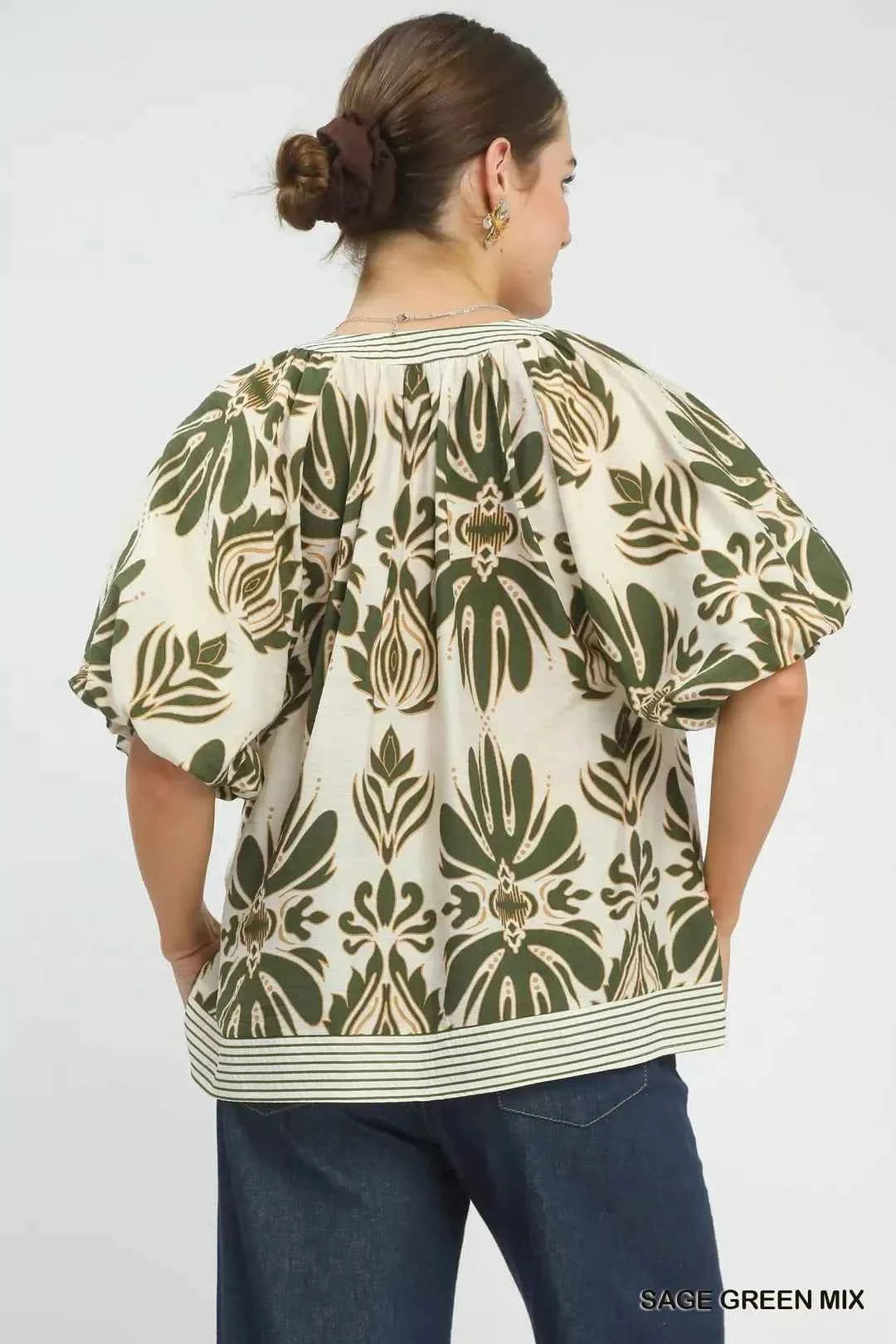 Umgee Mix Printed Puff Sleeve Top with Contrast Trim