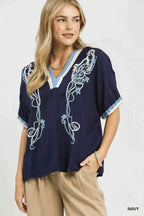 Umgee Embroidered Floral V-Neck Short Sleeve Blouse with Contrast Trim